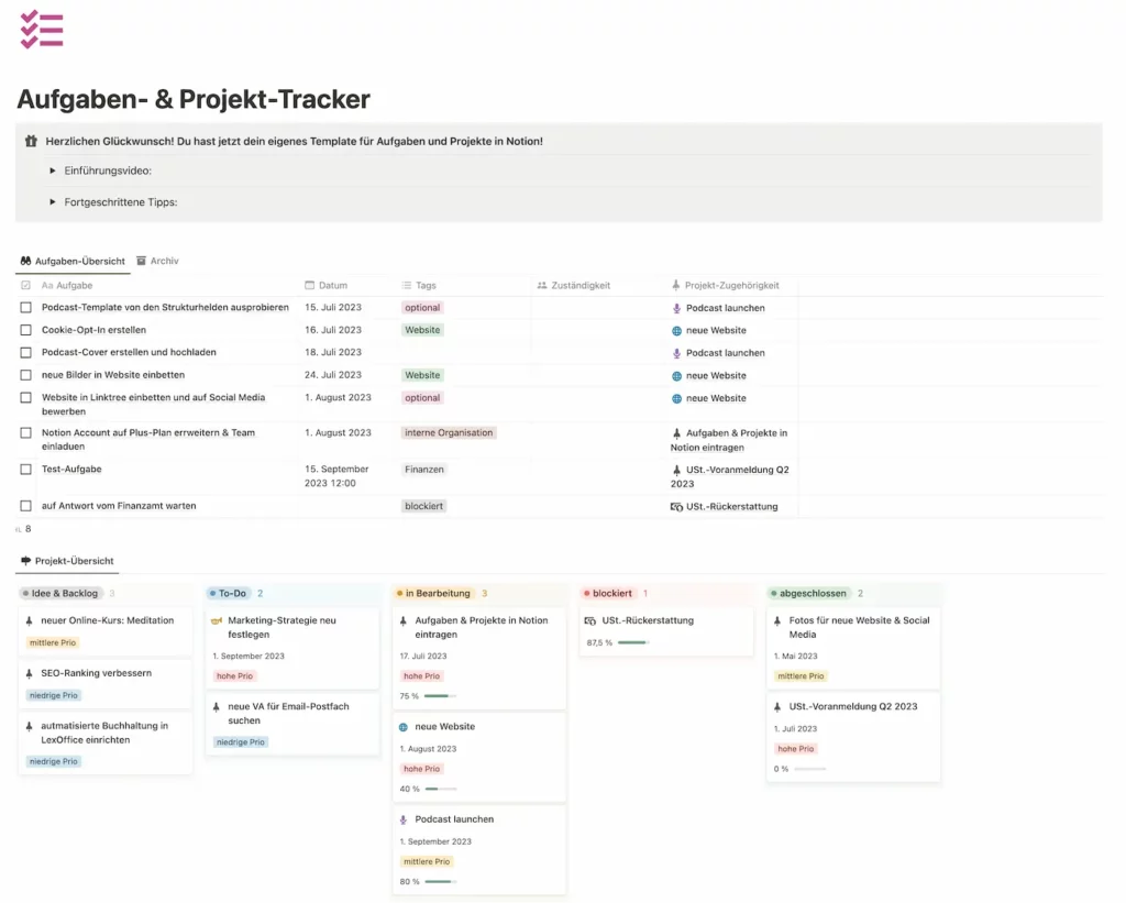 Notion Aufgaben & Projekt-Tracker-Template